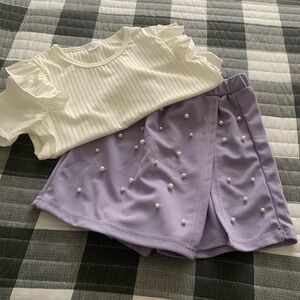 White Ruffle Top and Purple Pearl-Embellished Shorts Set